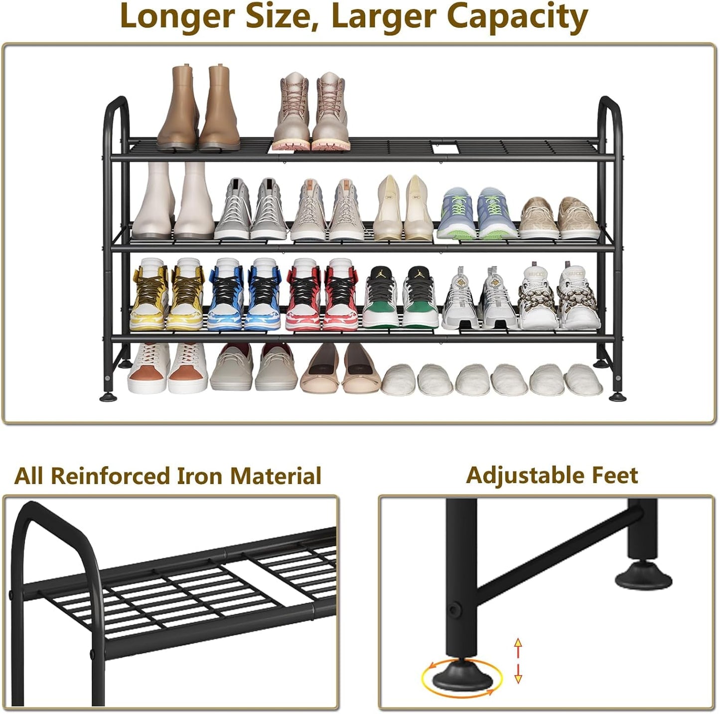 Shoe Rack Long 3 Tier Metal Shoe Organizer Metal Wide Shoe Shelf for Closet Entryway Bedroom Large Capacity Black