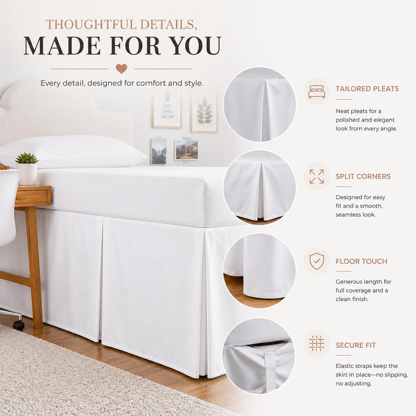 Extra Long Pleated Dorm Bed Skirt, Twin XL 32 Inch Drop, Box Style with Split Corners, 100% Microfiber College Room Essentials, White