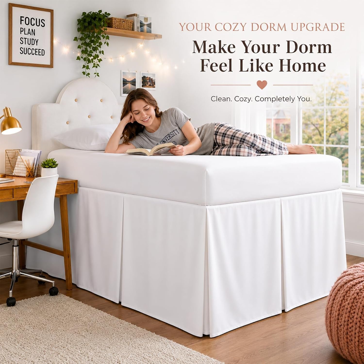 Extra Long Pleated Dorm Bed Skirt, Twin XL 32 Inch Drop, Box Style with Split Corners, 100% Microfiber College Room Essentials, White