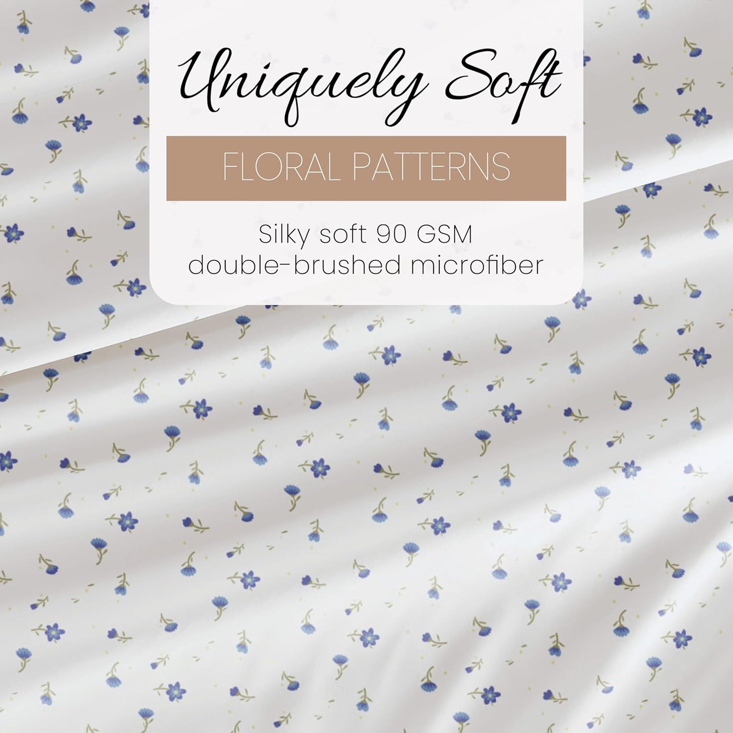 Double-Brushed Patterned Microfiber Queen Sheet Set 4 Piece – Oeko-Tex Certified Ultra Soft & Wrinkle-Free - 16" Deep Pocket Sheets - Easy Care Queen Size - Soft Floral Light Blue