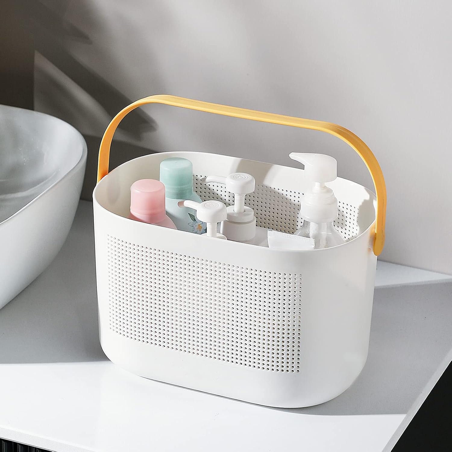 Plastic Storage Baskets with Handles, Shower Caddy Shelf Organizers Basket for Bathroom, Kitchen, Dorm Room, Yellow