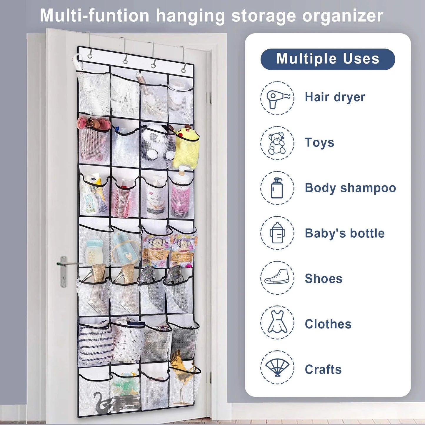 over the Door Shoe Organizer, 24 Mesh Pocket Back of Door Shoe Organizer with Hooks ,White and Black, 2 Pack