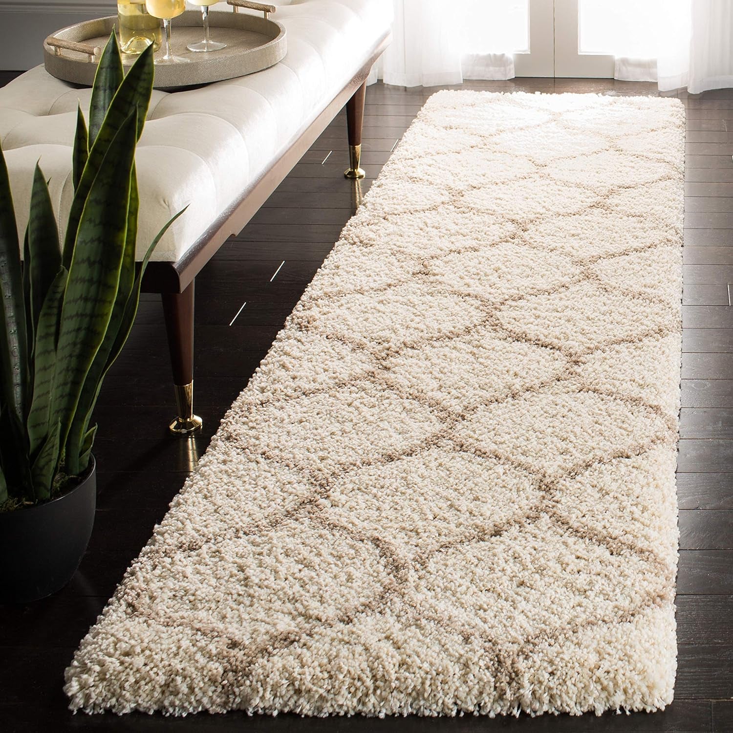 Hudson Shag Collection Runner Rug - 2'3" X 20', Ivory & Beige, Trellis Design, Non-Shedding & Easy Care, 2-Inch Thick Ideal for High Traffic Areas in Living Room, Bedroom (SGH280D)