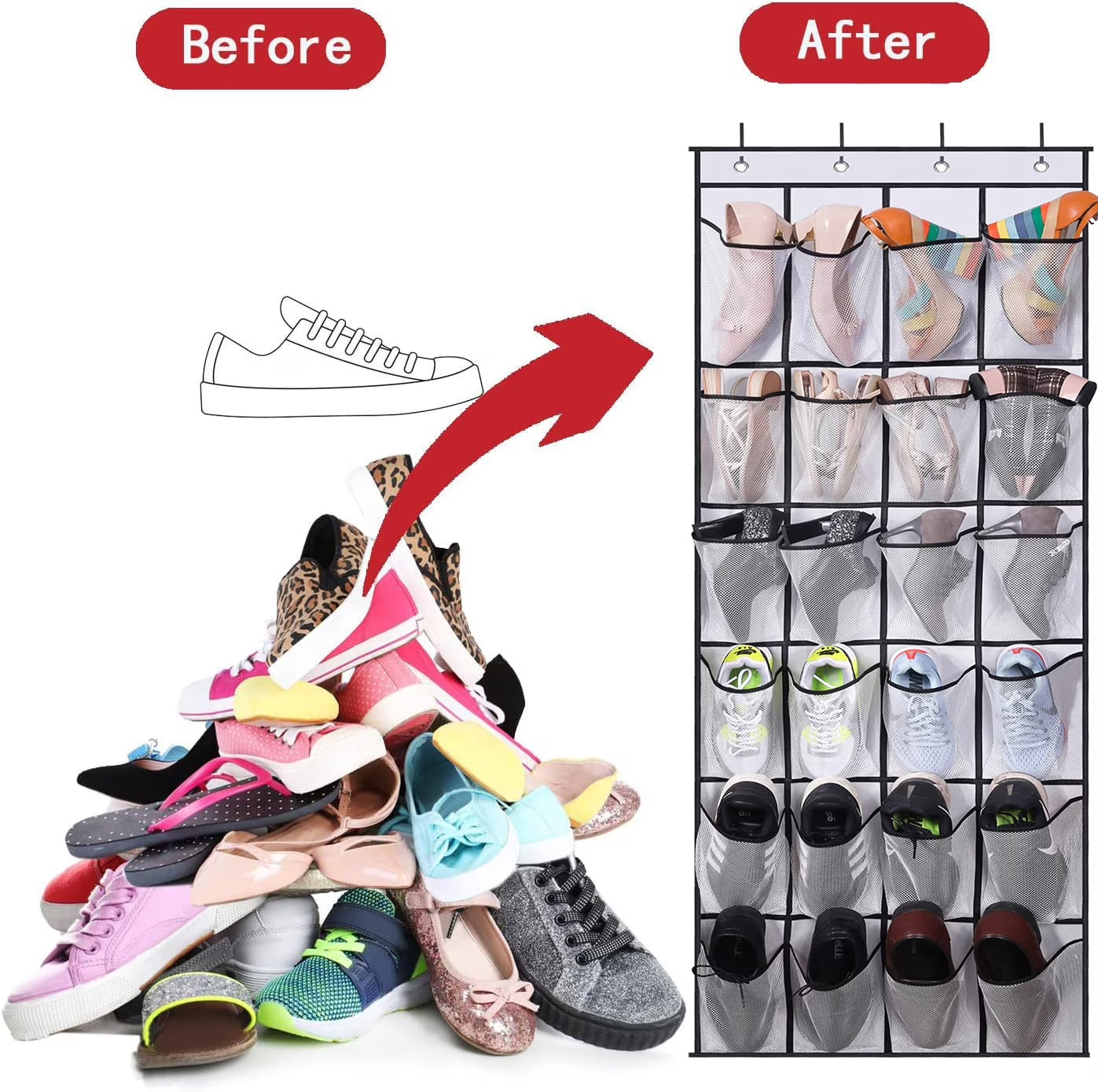 over the Door Shoe Organizer, 24 Mesh Pocket Back of Door Shoe Organizer with Hooks ,White and Black, 2 Pack