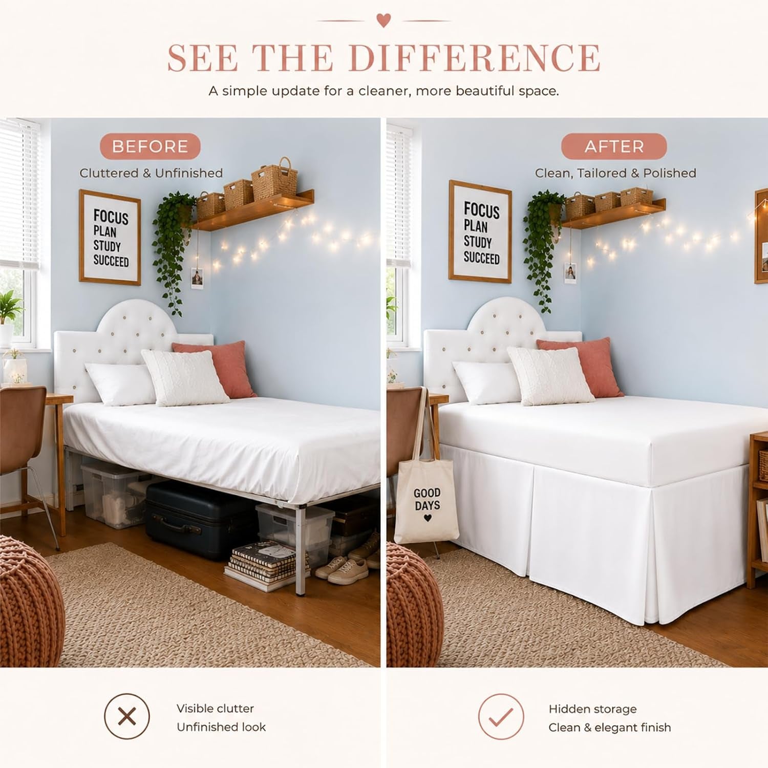 Extra Long Pleated Dorm Bed Skirt, Twin XL 32 Inch Drop, Box Style with Split Corners, 100% Microfiber College Room Essentials, White
