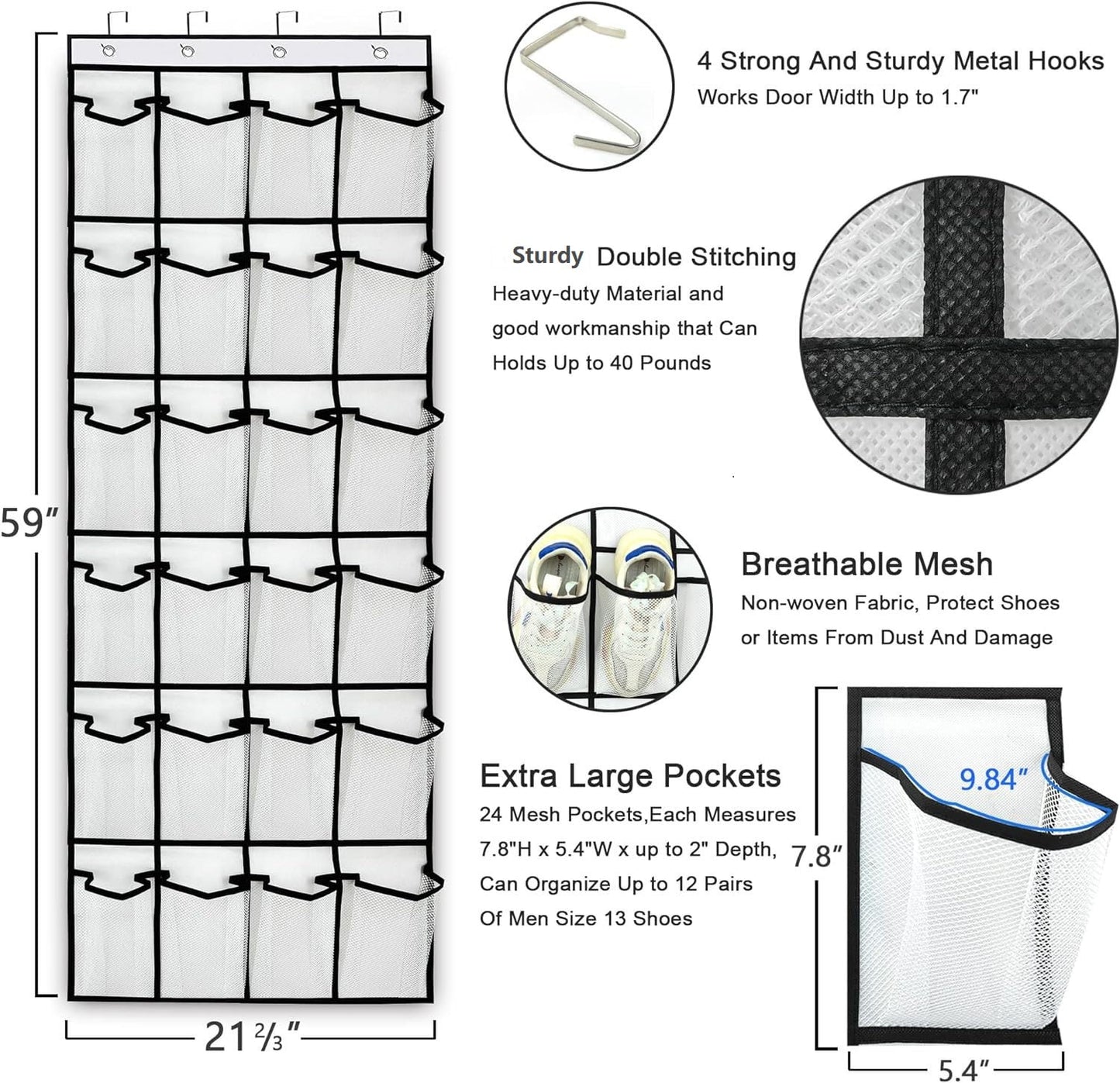 over the Door Shoe Organizer, 24 Mesh Pocket Back of Door Shoe Organizer with Hooks ,White and Black, 2 Pack