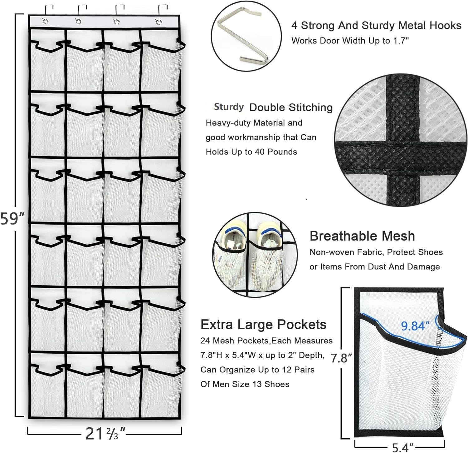 over the Door Shoe Organizer, 24 Mesh Pocket Back of Door Shoe Organizer with Hooks ,White and Black, 2 Pack