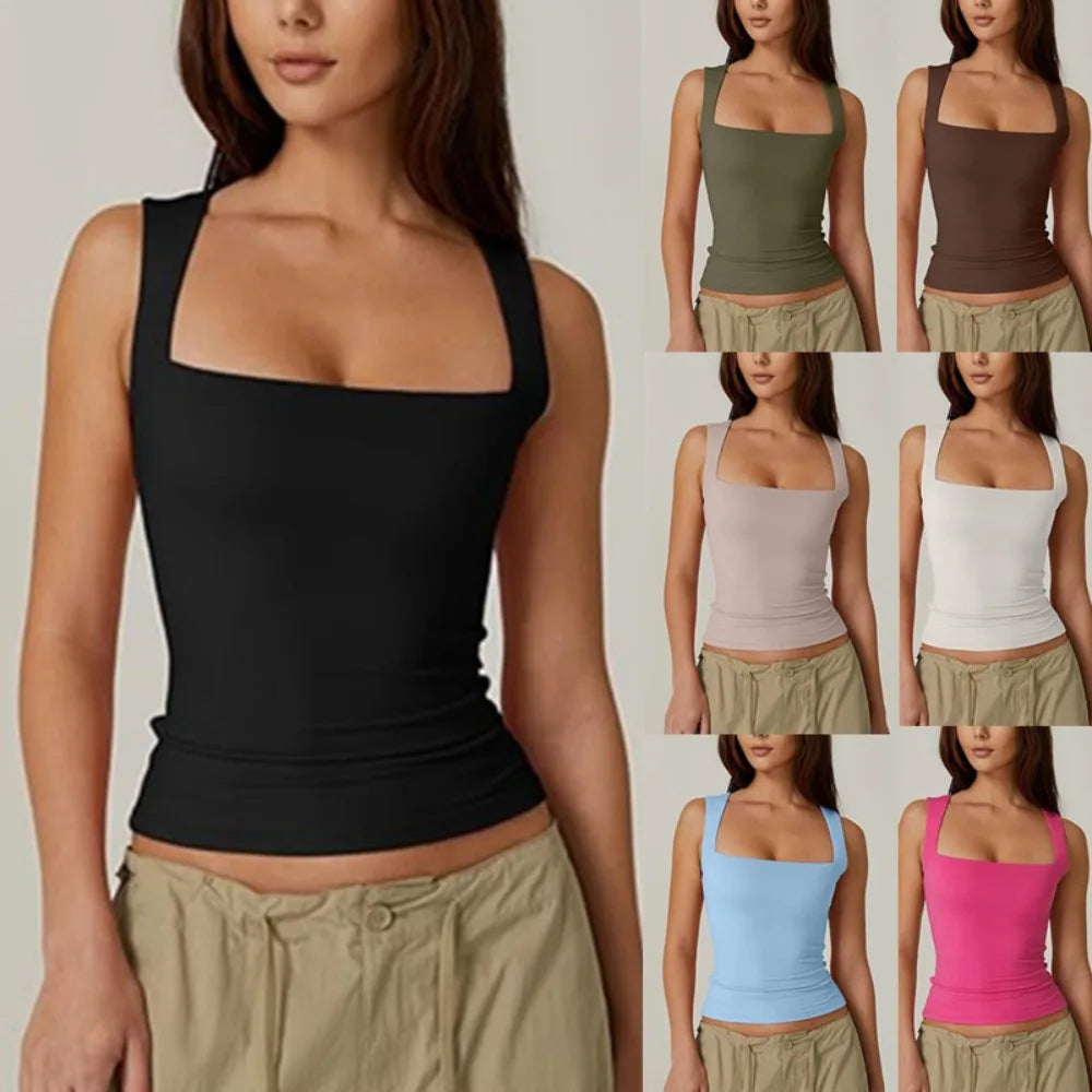 2025 Summer Women'S Square Neck Sleeveless Double Layer Tank Top Basic Tight T-Shirt Y2K Pink Goth Tank Top Women Crop Tops