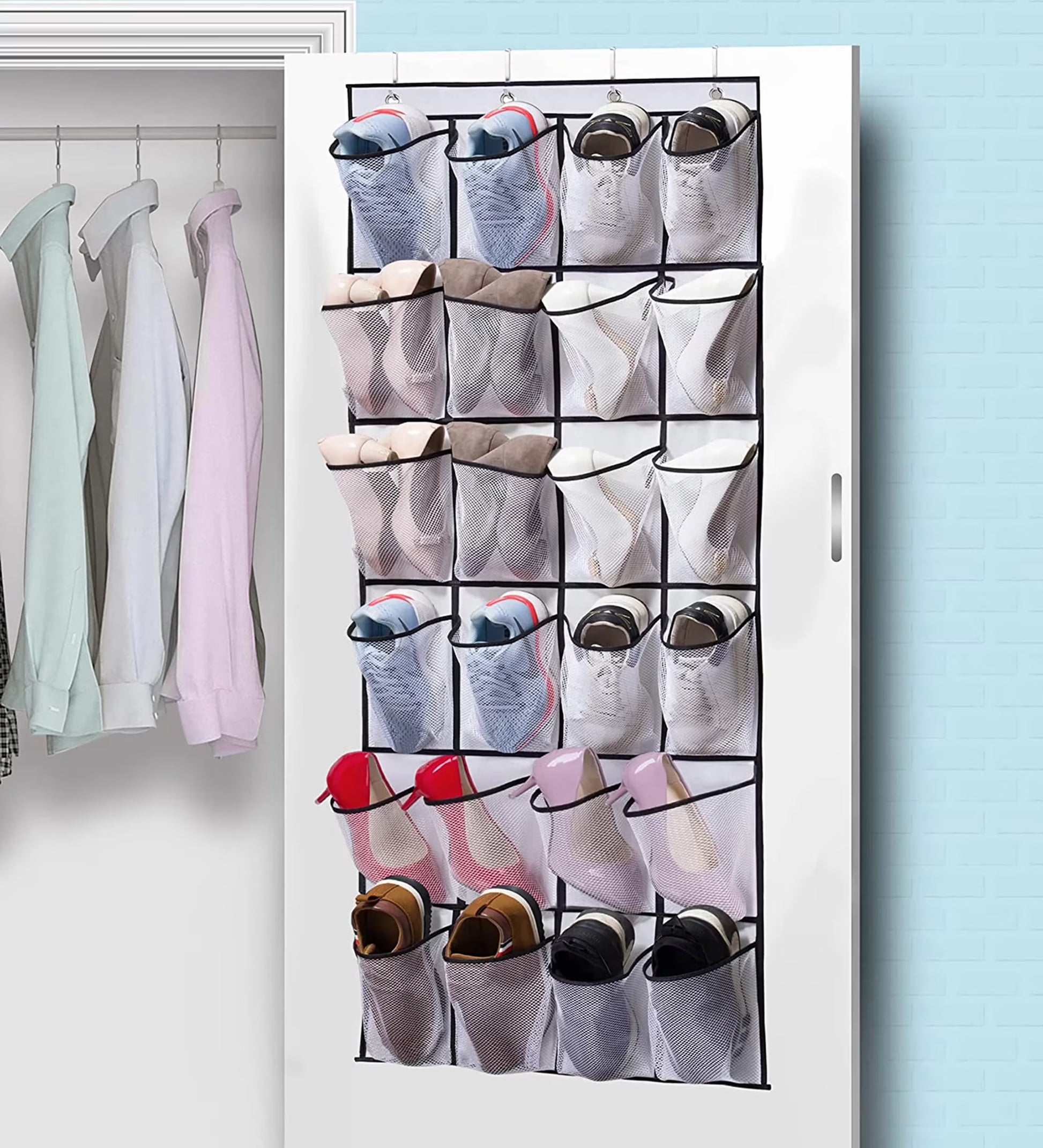 over the Door Shoe Organizer, 24 Mesh Pocket Back of Door Shoe Organizer with Hooks ,White and Black, 2 Pack