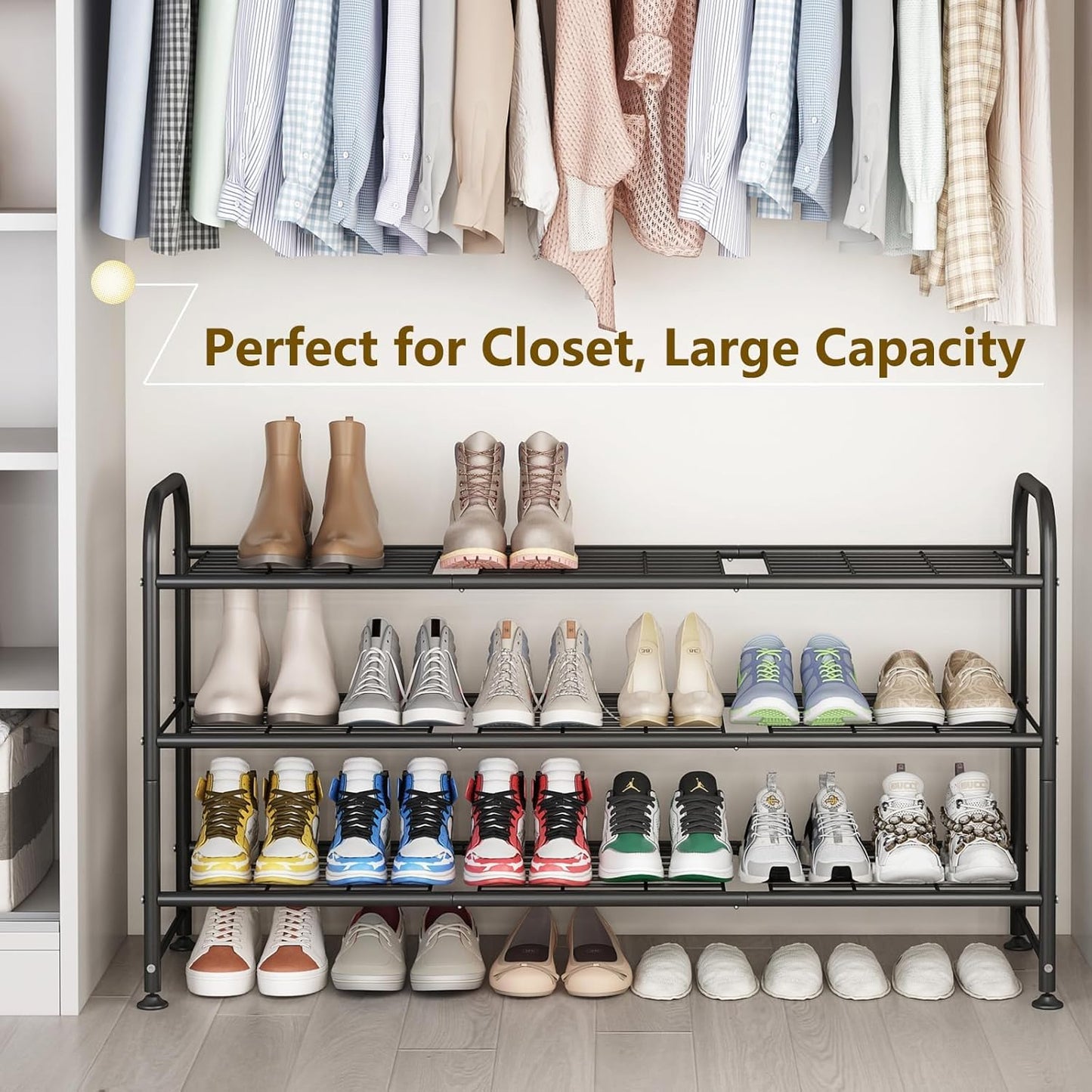 Shoe Rack Long 3 Tier Metal Shoe Organizer Metal Wide Shoe Shelf for Closet Entryway Bedroom Large Capacity Black