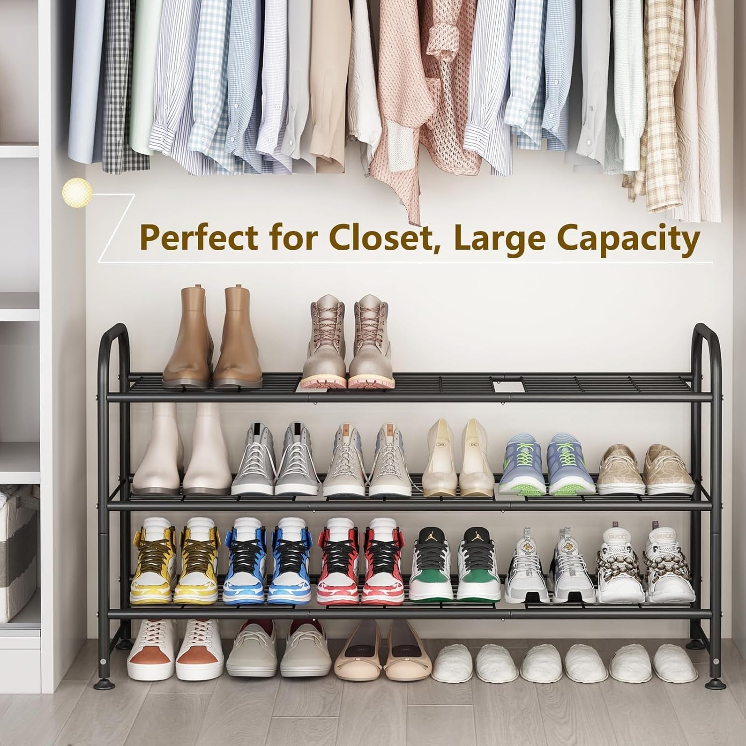 Shoe Rack Long 3 Tier Metal Shoe Organizer Metal Wide Shoe Shelf for Closet Entryway Bedroom Large Capacity Black