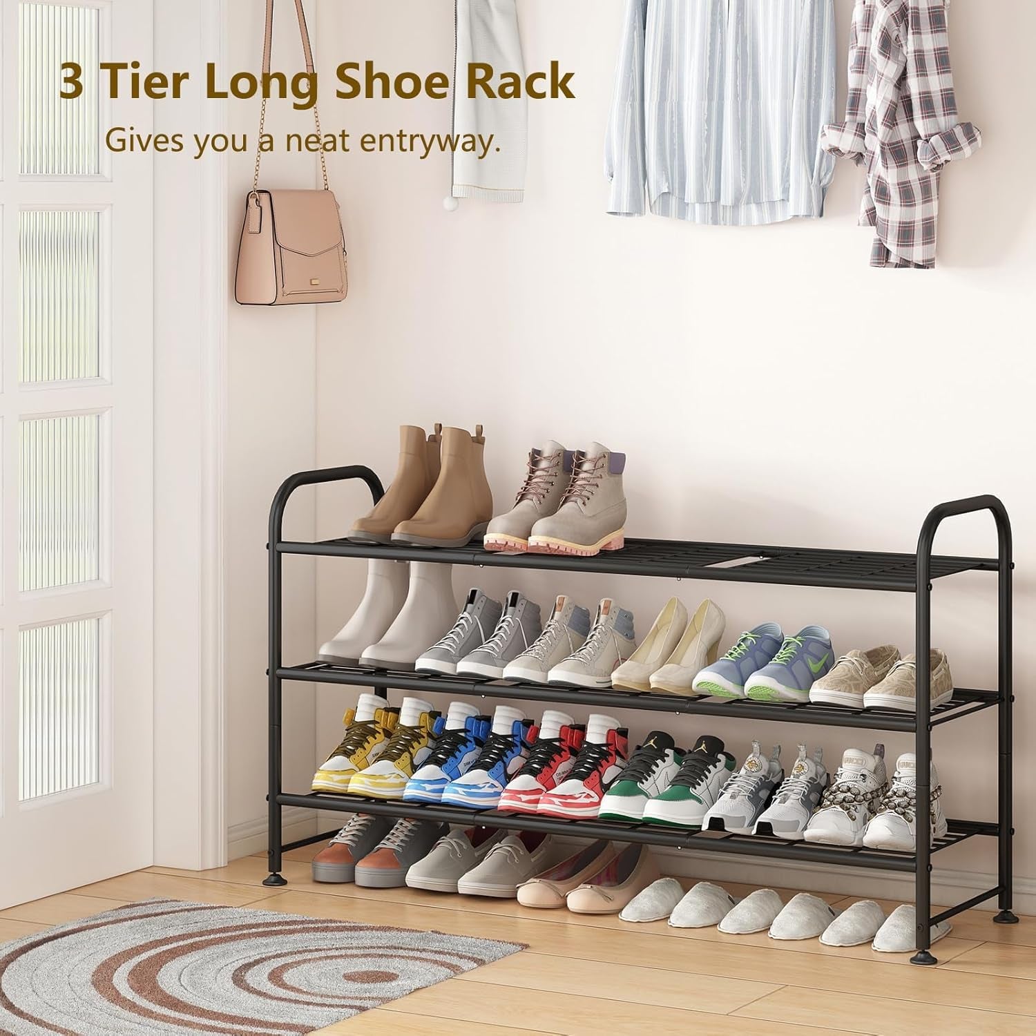 Shoe Rack Long 3 Tier Metal Shoe Organizer Metal Wide Shoe Shelf for Closet Entryway Bedroom Large Capacity Black